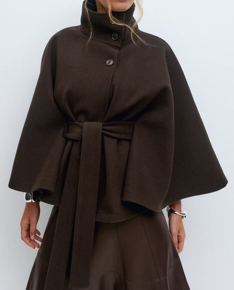 Women's Stand Collar Button Belt Windbreaker Jacket