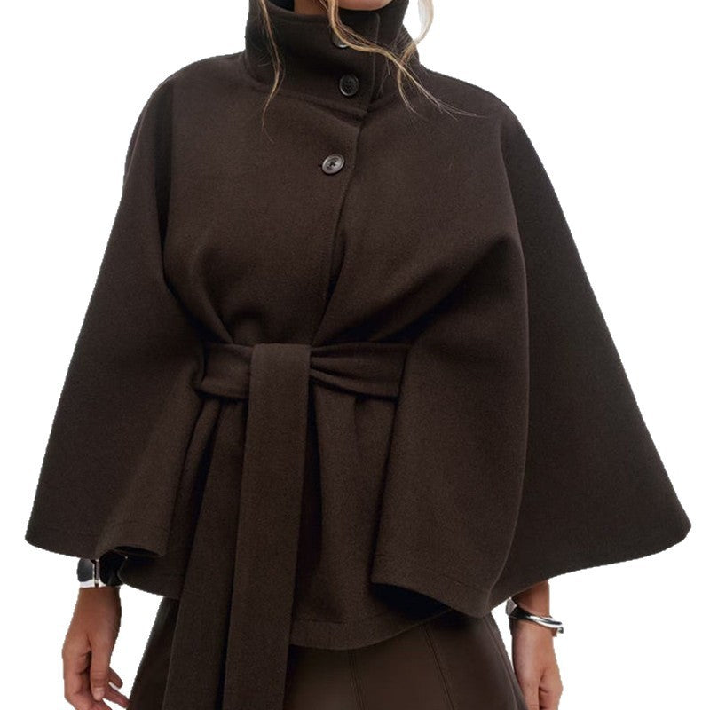 Womens Solid Color Stand Collar Woolen Coat with Belt