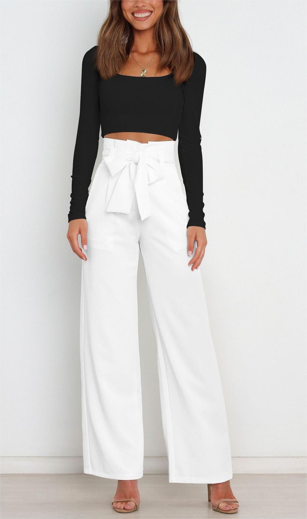 Wide-leg high-waisted lace-up dress pants