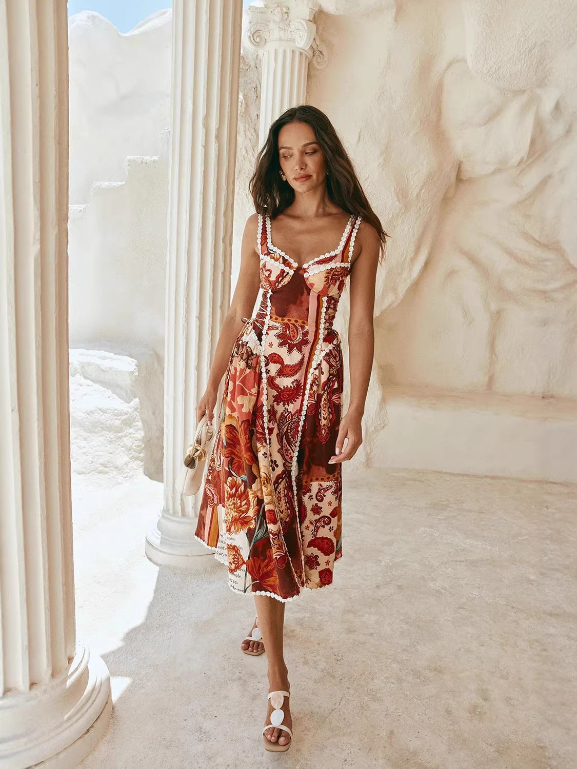 Floral Linen Blend Patchwork Dress with Spaghetti Straps