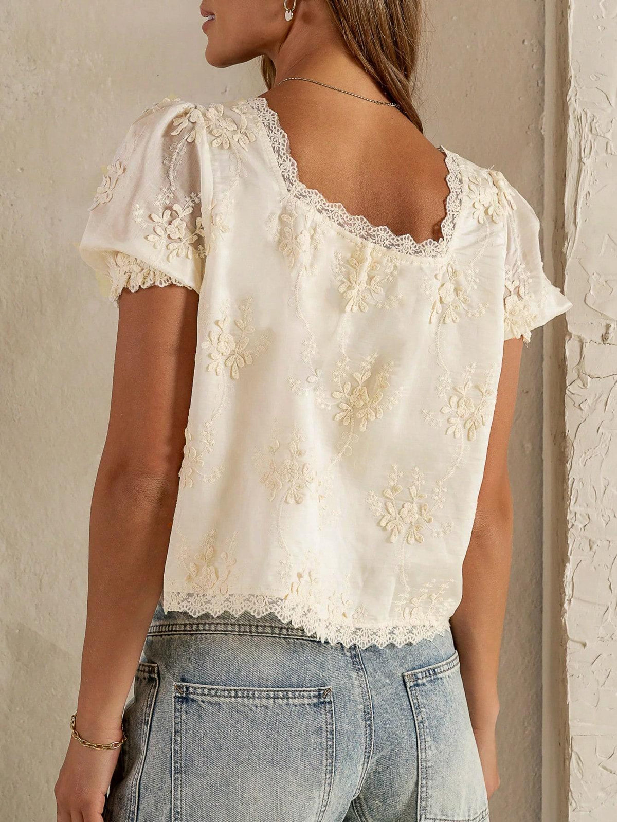 Women Lace Embroidery Short Sleeve Blouse
