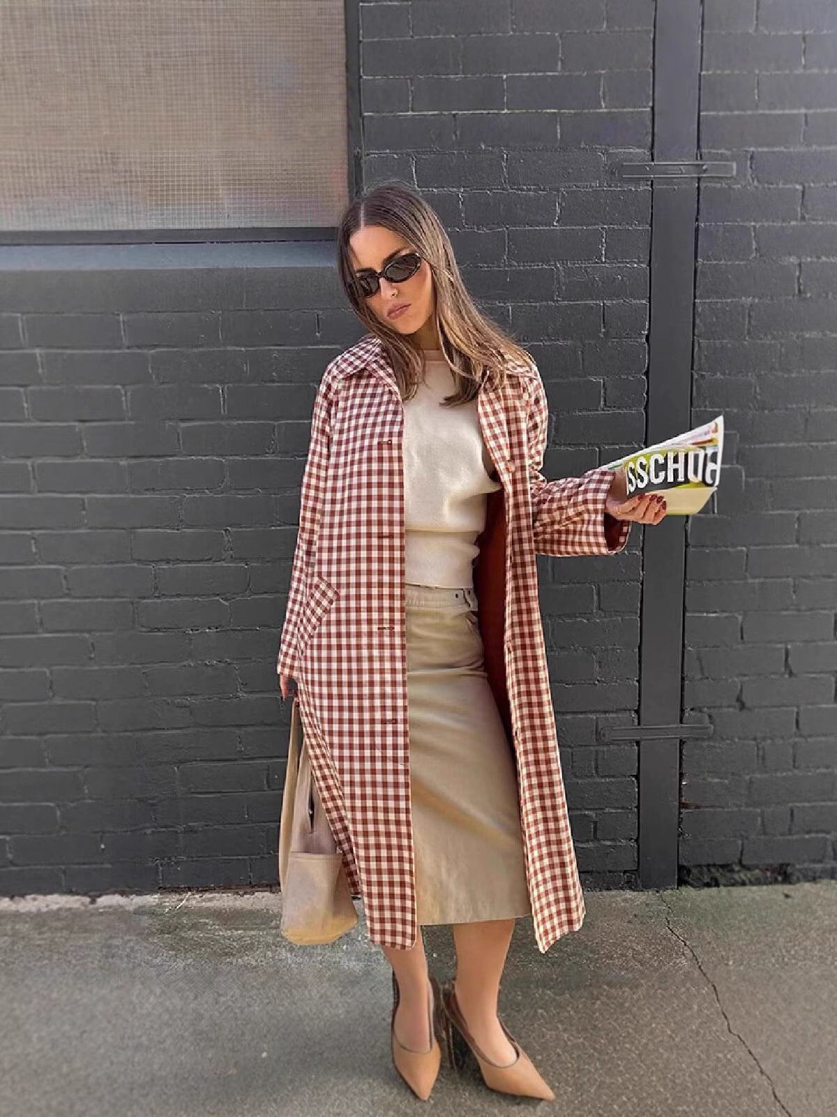 French Retro Plaid Lapel Trench Coat