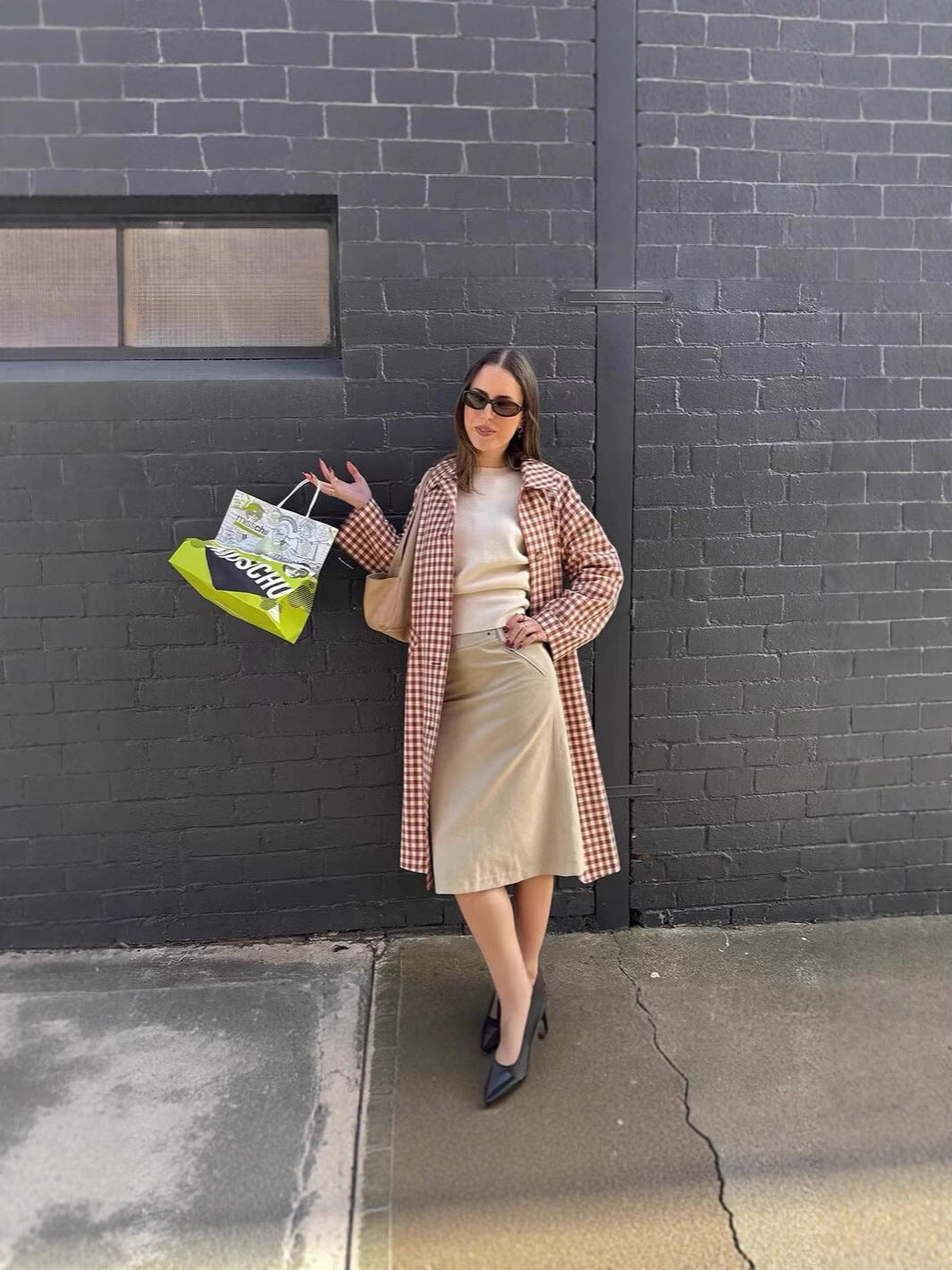 French Retro Plaid Lapel Trench Coat