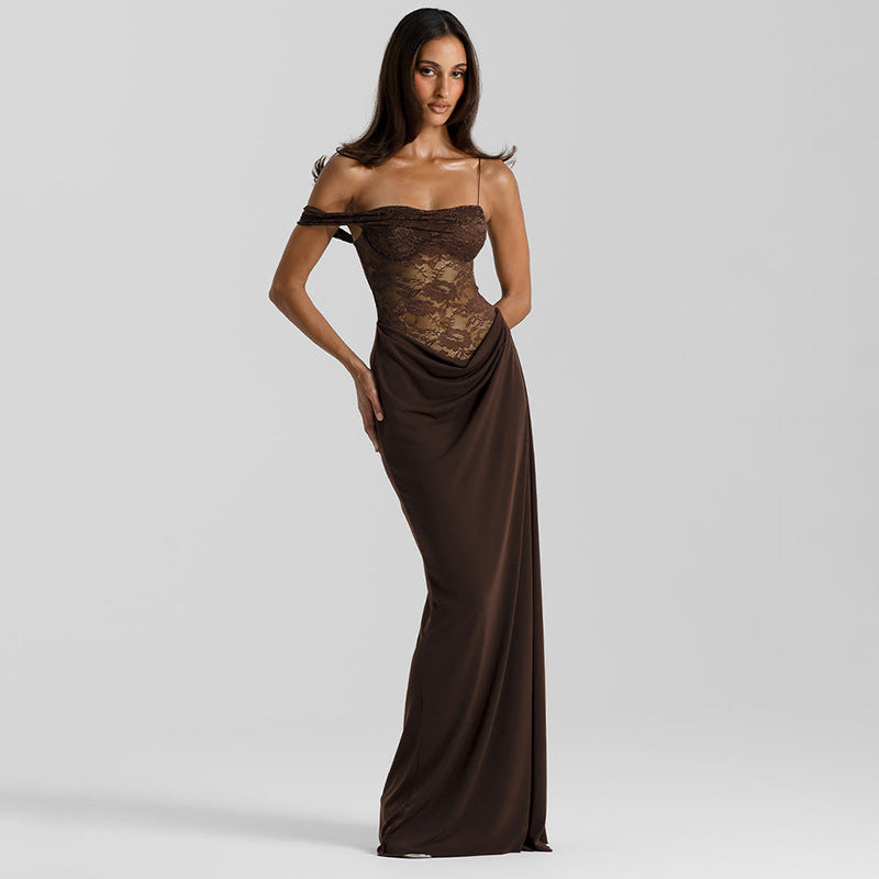 Women Solid Color Spaghetti Strap Lace Slim Fit Patchwork Dress