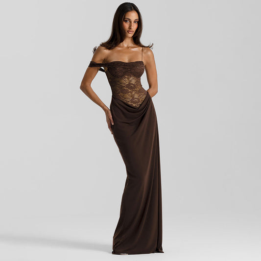 Women Solid Color Spaghetti Strap Lace Slim Fit Patchwork Dress