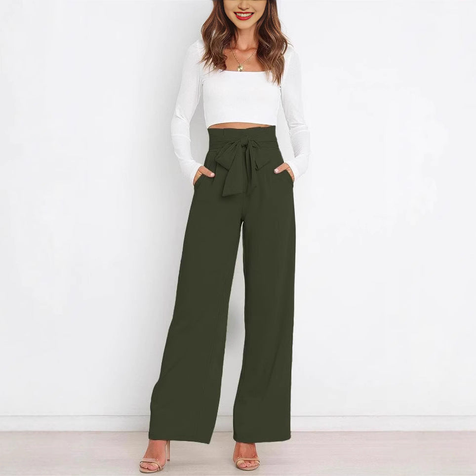 Wide-leg high-waisted lace-up dress pants