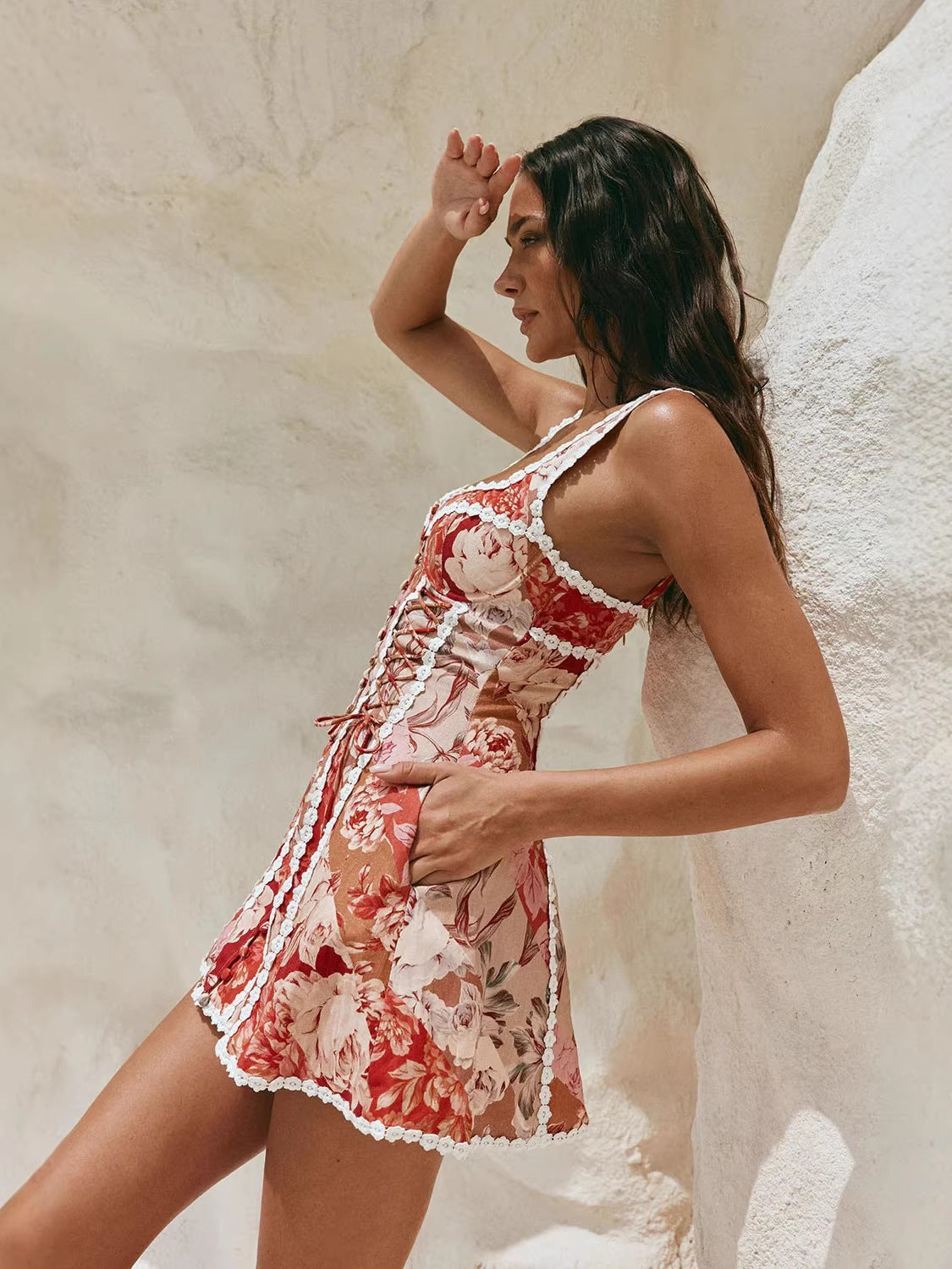 Floral Lace Strap V-Neck Linen Dress