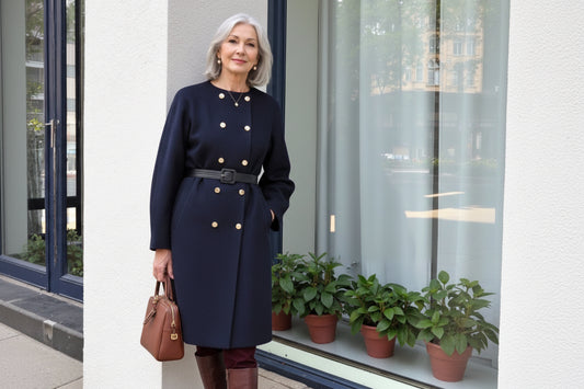 Round-Neck Double-Row Metal Buckle Decorative Belt Trench Coat