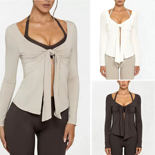 High Elasticity Yoga Jacket with V-Neck Tie