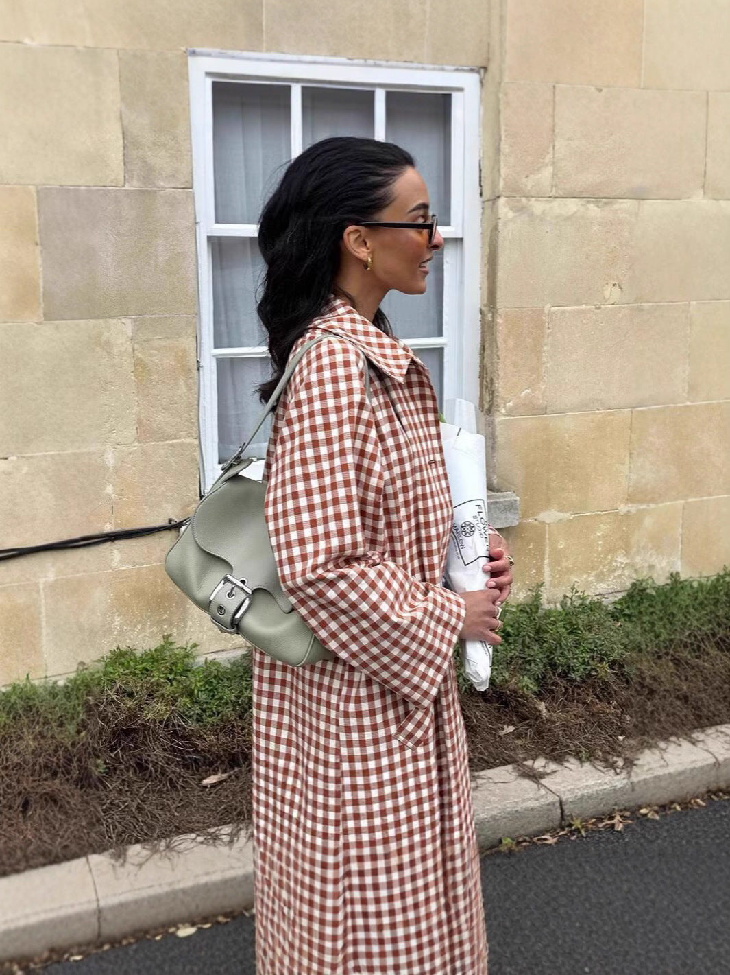 French Retro Plaid Lapel Trench Coat