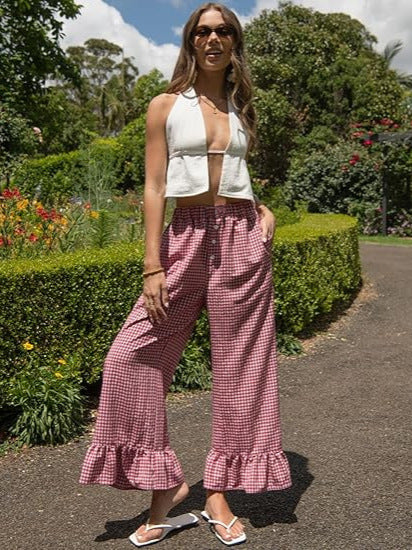 High Waist Plaid Wide Leg Pants