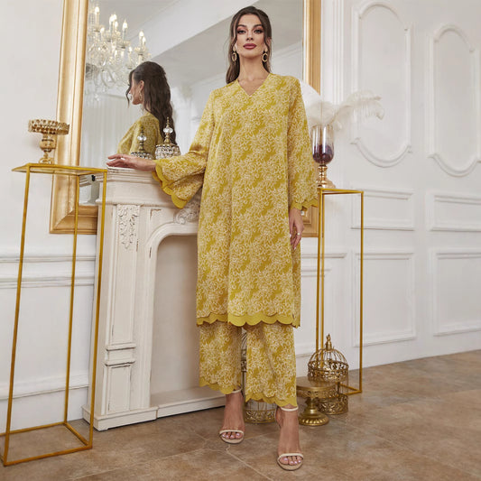 Elegant Floral Print Abaya Dress Set