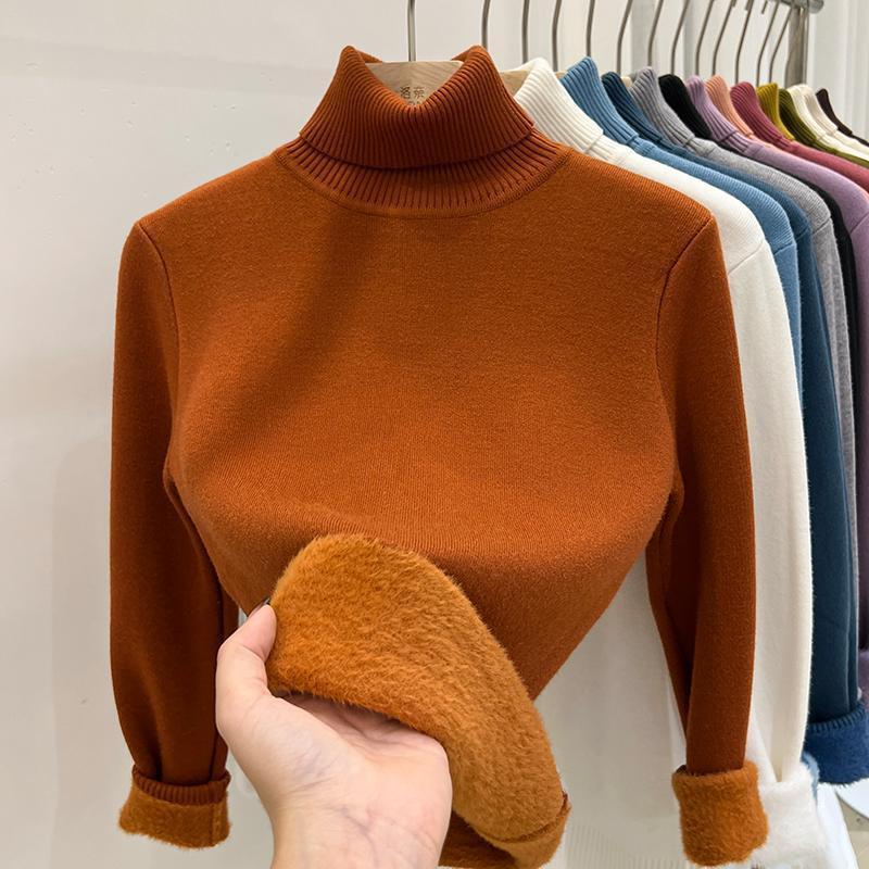 High Collar Fleece Lined Long Sleeve Knitted Sweater