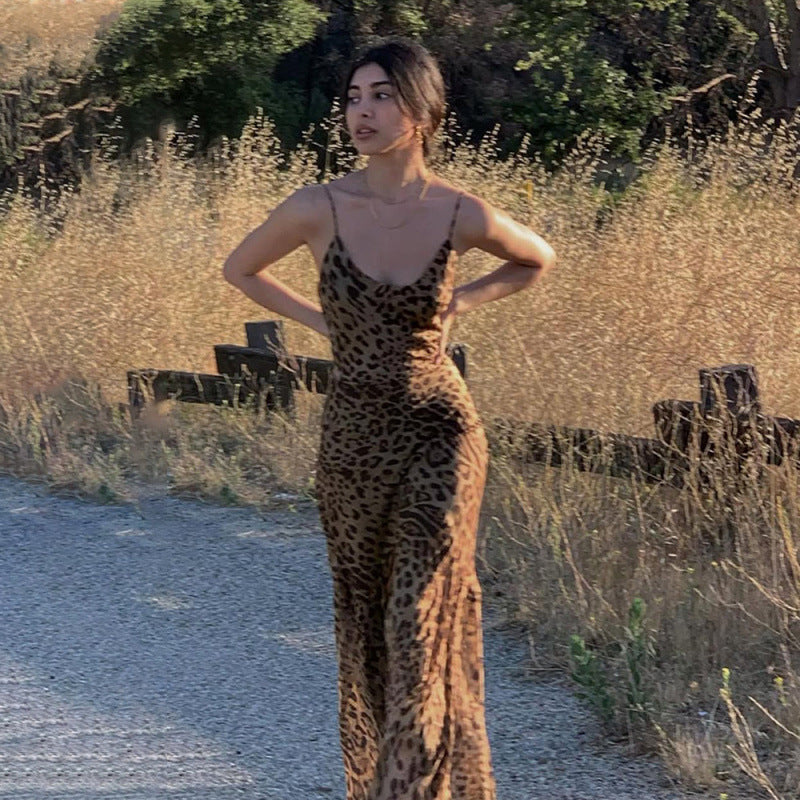 Women's Leopard Print Open Back Long Dress