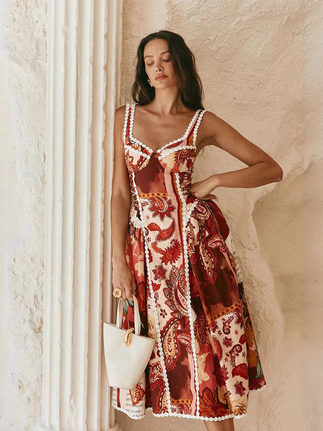 Floral Linen Blend Patchwork Dress with Spaghetti Straps