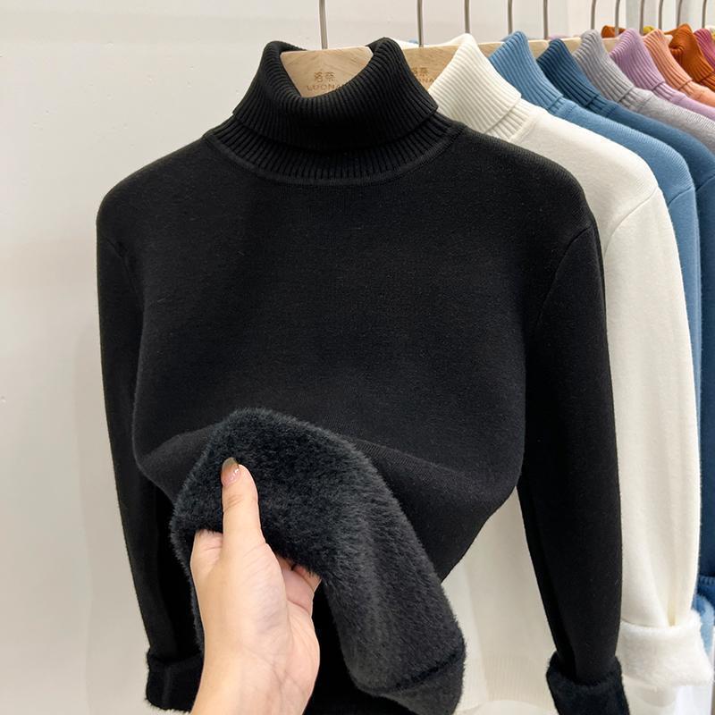 High Collar Fleece Lined Long Sleeve Knitted Sweater