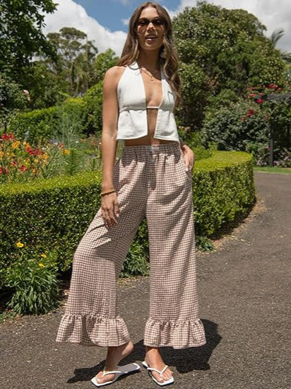 High Waist Plaid Wide Leg Pants