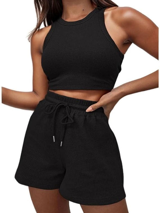 Waffle Texture Sleeveless Vest and Drawstring Shorts