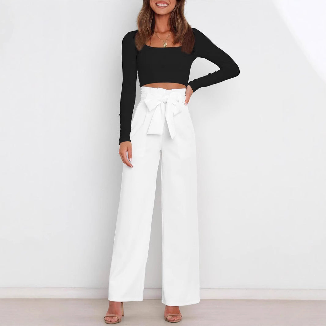 Wide-leg high-waisted lace-up dress pants
