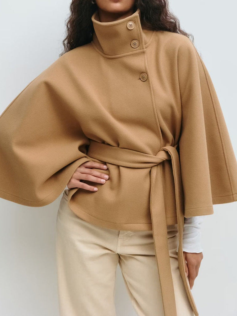 Women's Stand Collar Button Belt Windbreaker Jacket