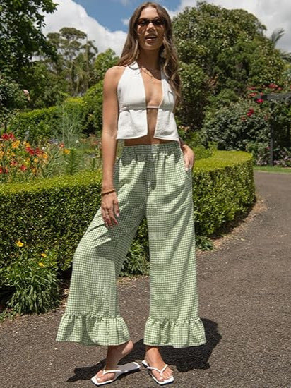 High Waist Plaid Wide Leg Pants