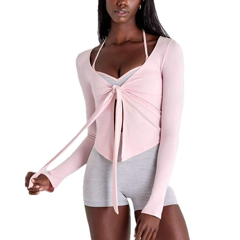 High Elasticity Yoga Jacket with V-Neck Tie
