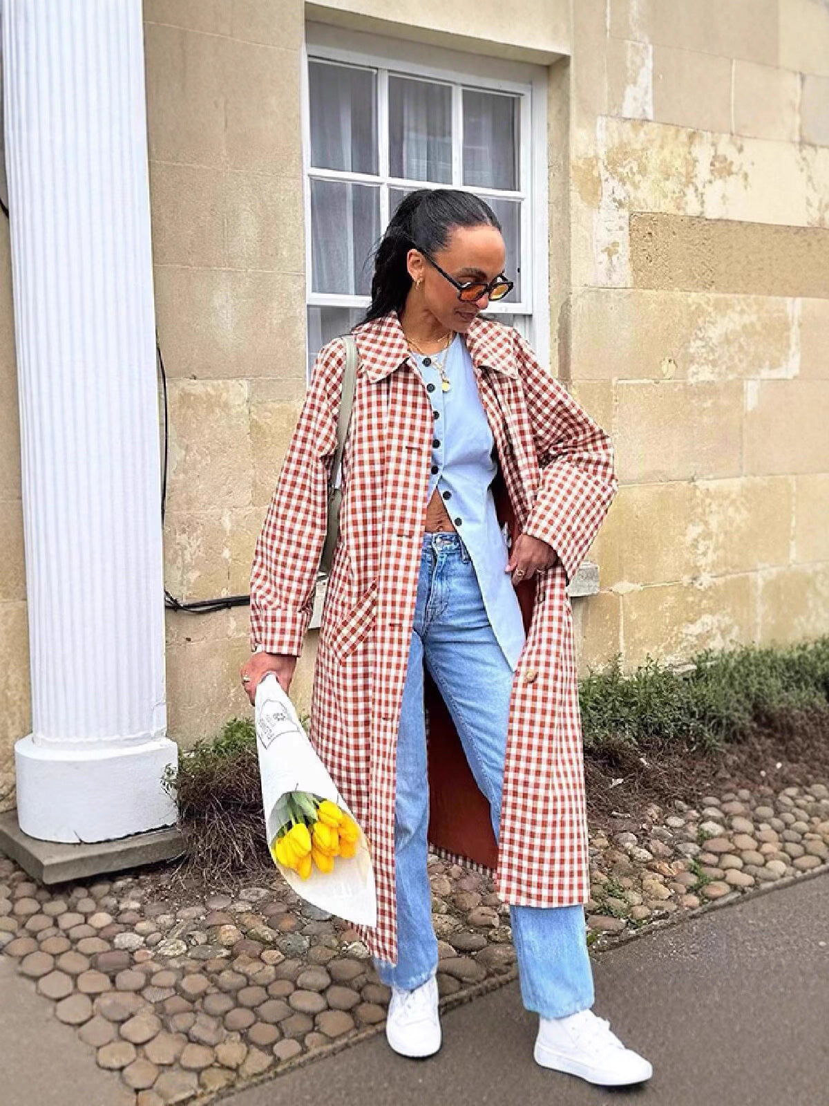 French Retro Plaid Lapel Trench Coat