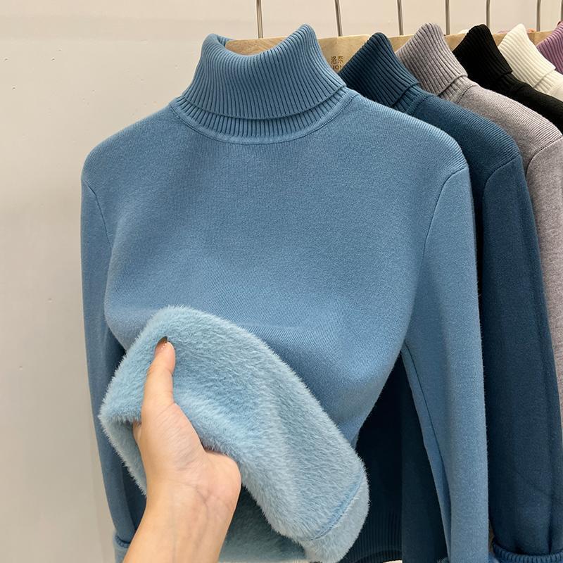 High Collar Fleece Lined Long Sleeve Knitted Sweater