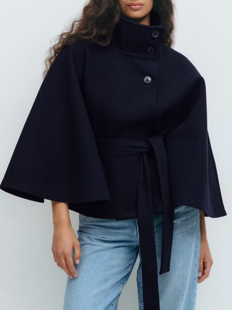Women's Stand Collar Button Belt Windbreaker Jacket