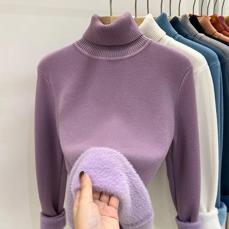 High Collar Fleece Lined Long Sleeve Knitted Sweater