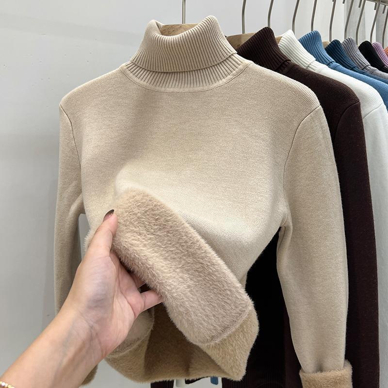 High Collar Fleece Lined Long Sleeve Knitted Sweater