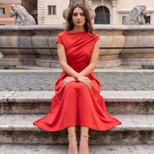 Elegant Diagonal Collar Waist-Cinching Dress