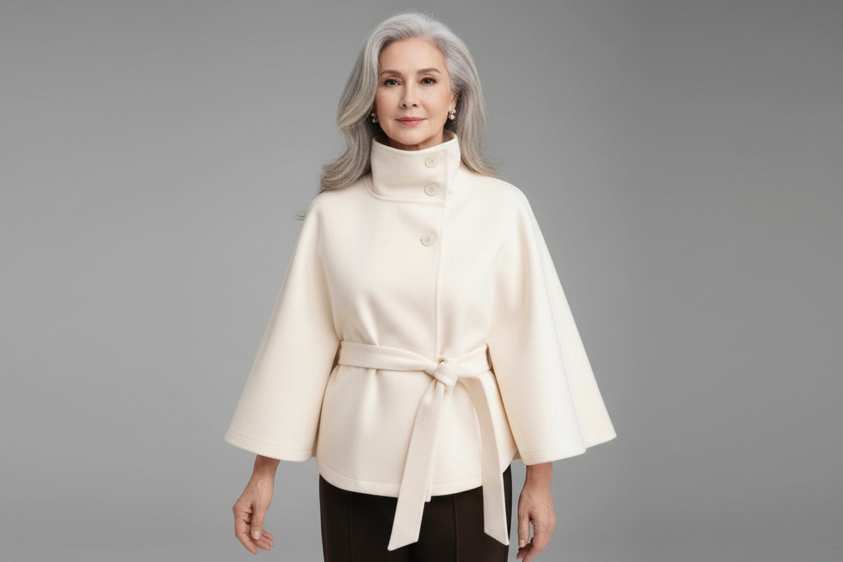 Womens Solid Color Stand Collar Woolen Coat with Belt