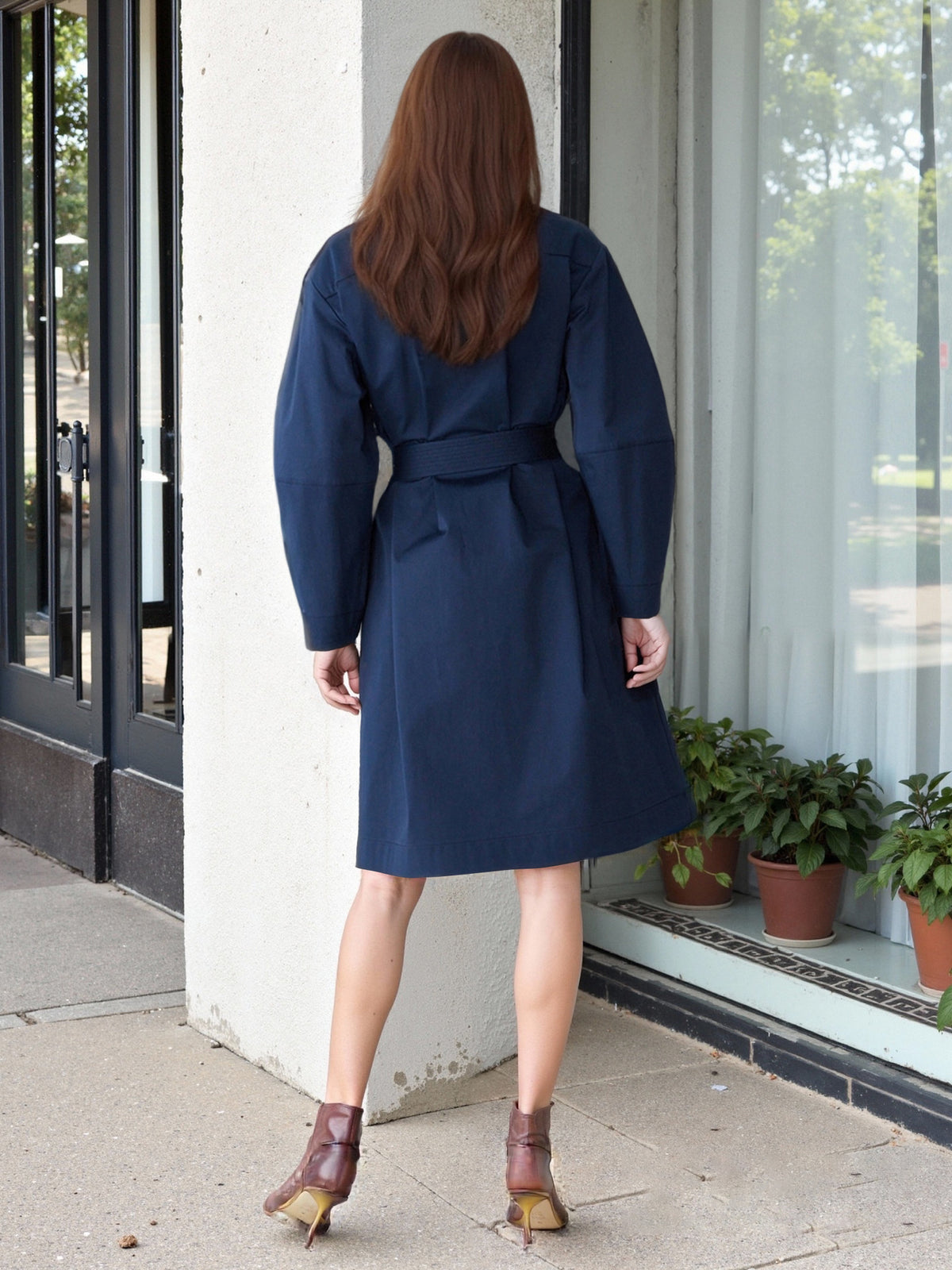 Round-Neck Double-Row Metal Buckle Decorative Belt Trench Coat