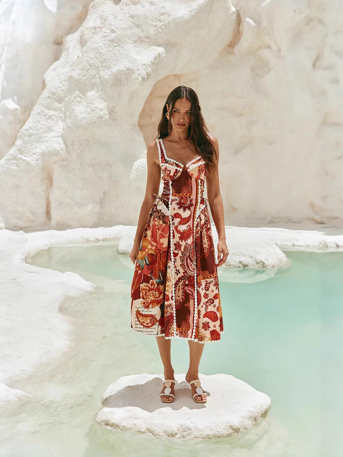 Floral Linen Blend Patchwork Dress with Spaghetti Straps