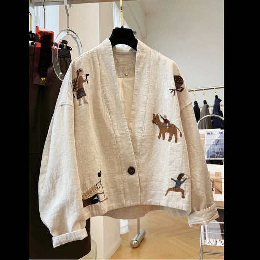 Embroidered V-Neck Cotton Jacket