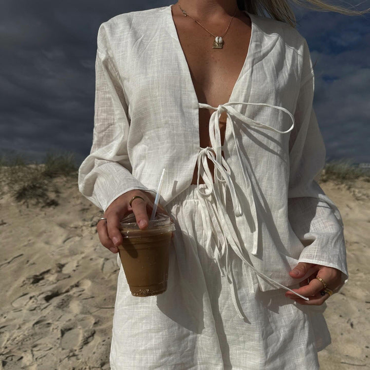 Womens Casual Cotton Cardigan and Shorts Set