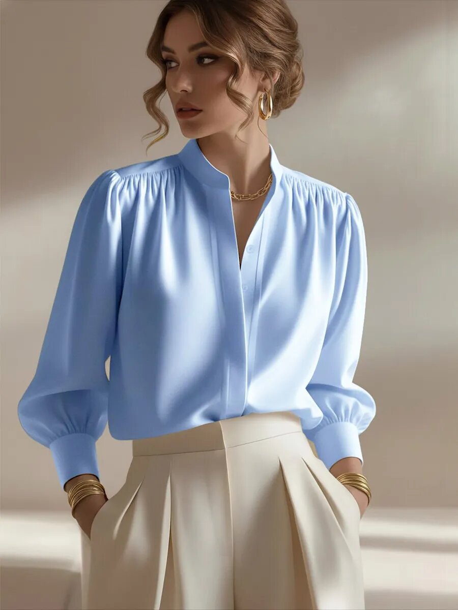 Satin Shirt Stand Collar Lantern Sleeve