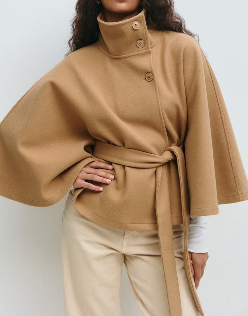 Womens Solid Color Stand Collar Woolen Coat with Belt