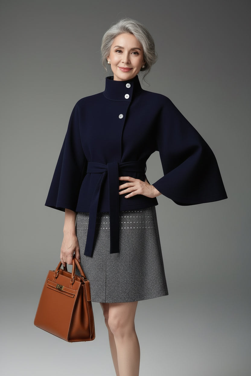Womens Solid Color Stand Collar Woolen Coat with Belt