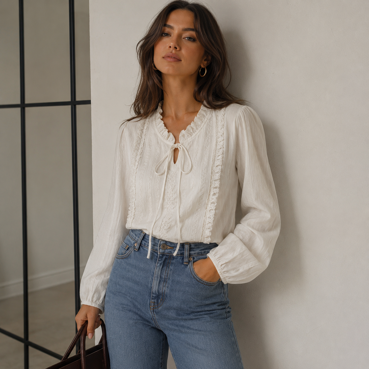 Womens French Lace Collar Cotton Shirt