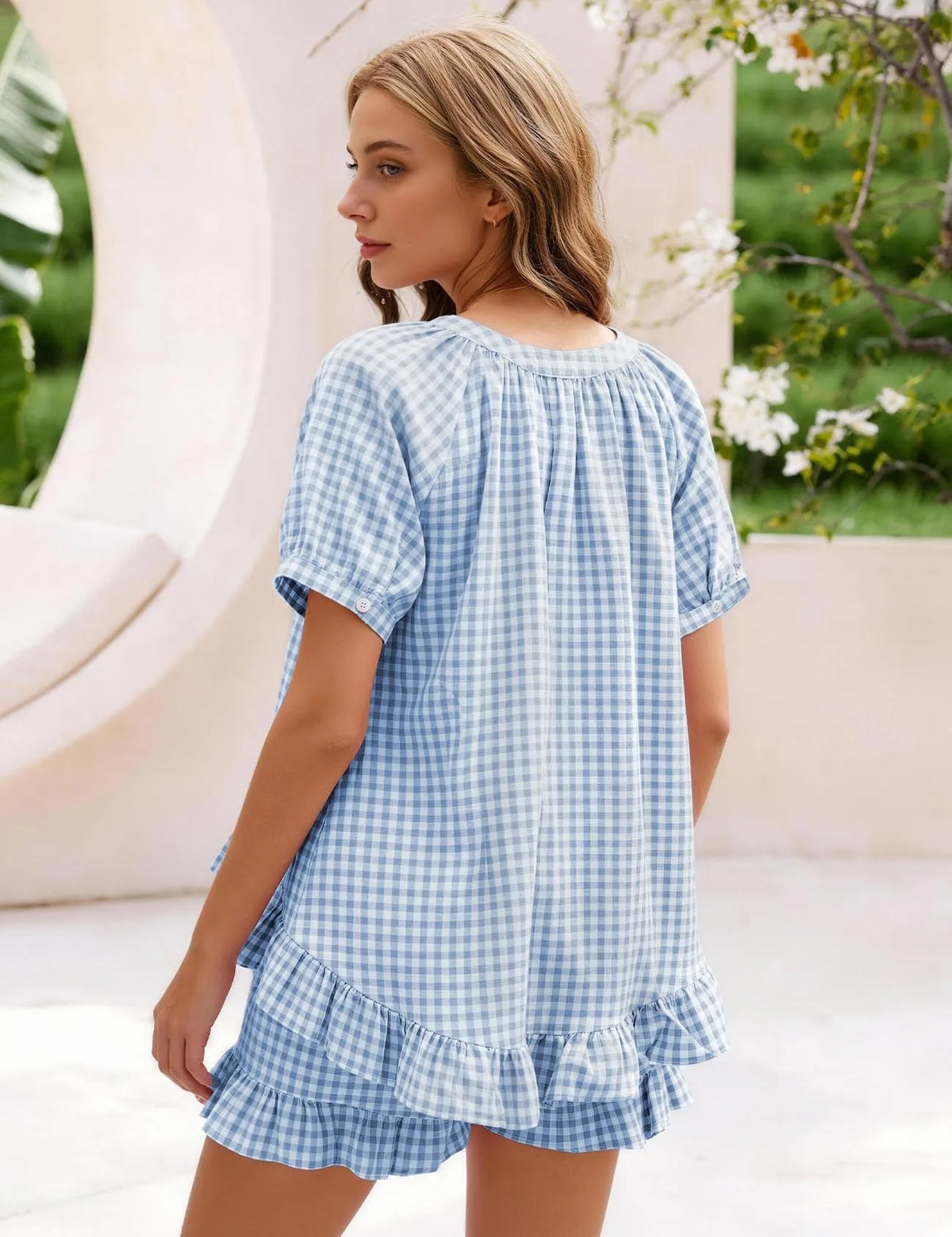 Womens Plaid Pajama Set with Ruffle Detail