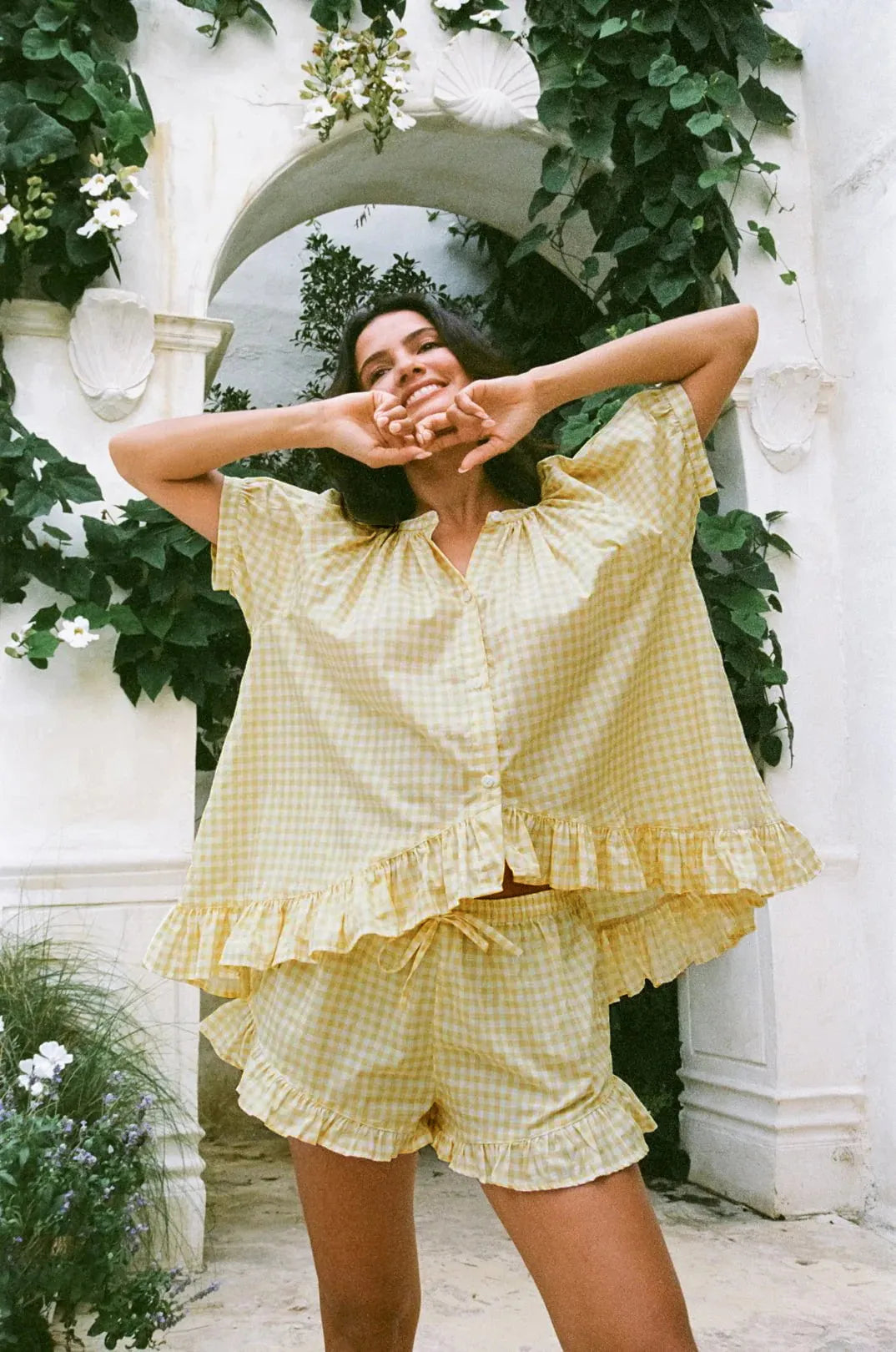 Womens Plaid Pajama Set with Ruffle Detail