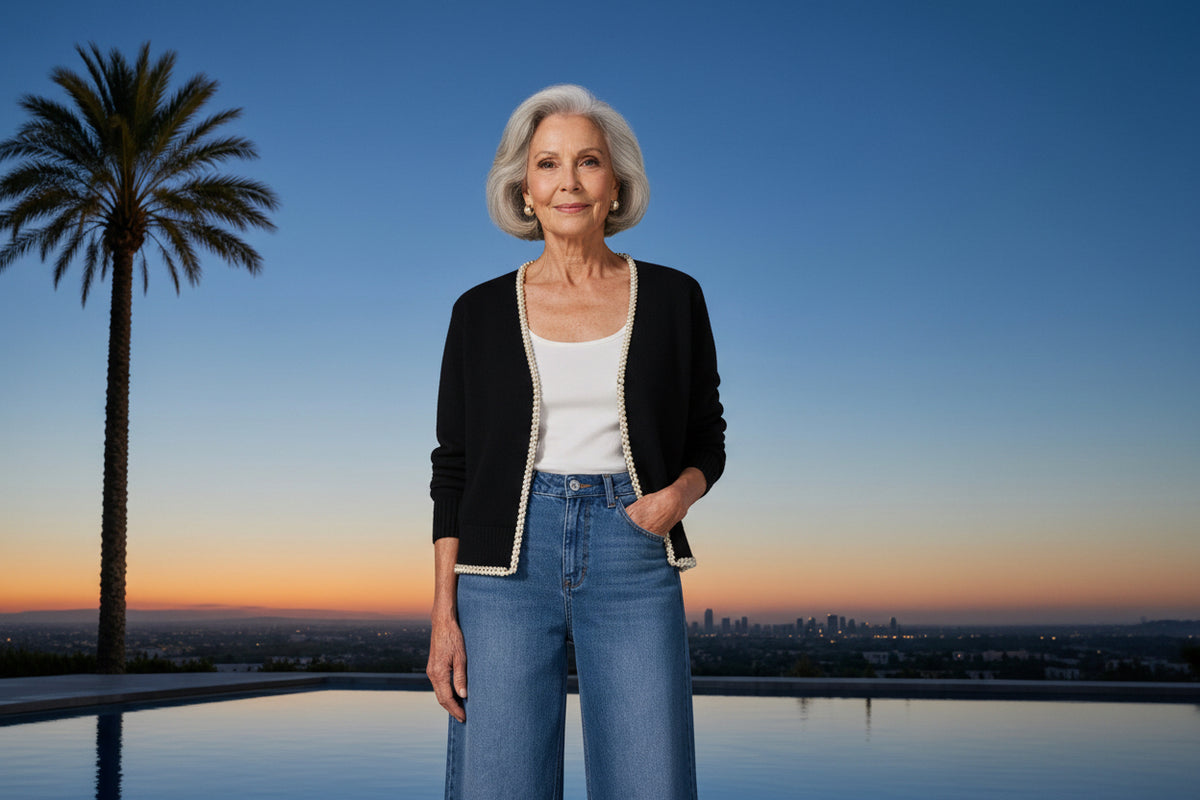 A model stands outdoors by a pool at sunset wearing a black cropped cardigan with white pearl trim, a white top, wide-leg blue jeans, and clear heeled sandals.