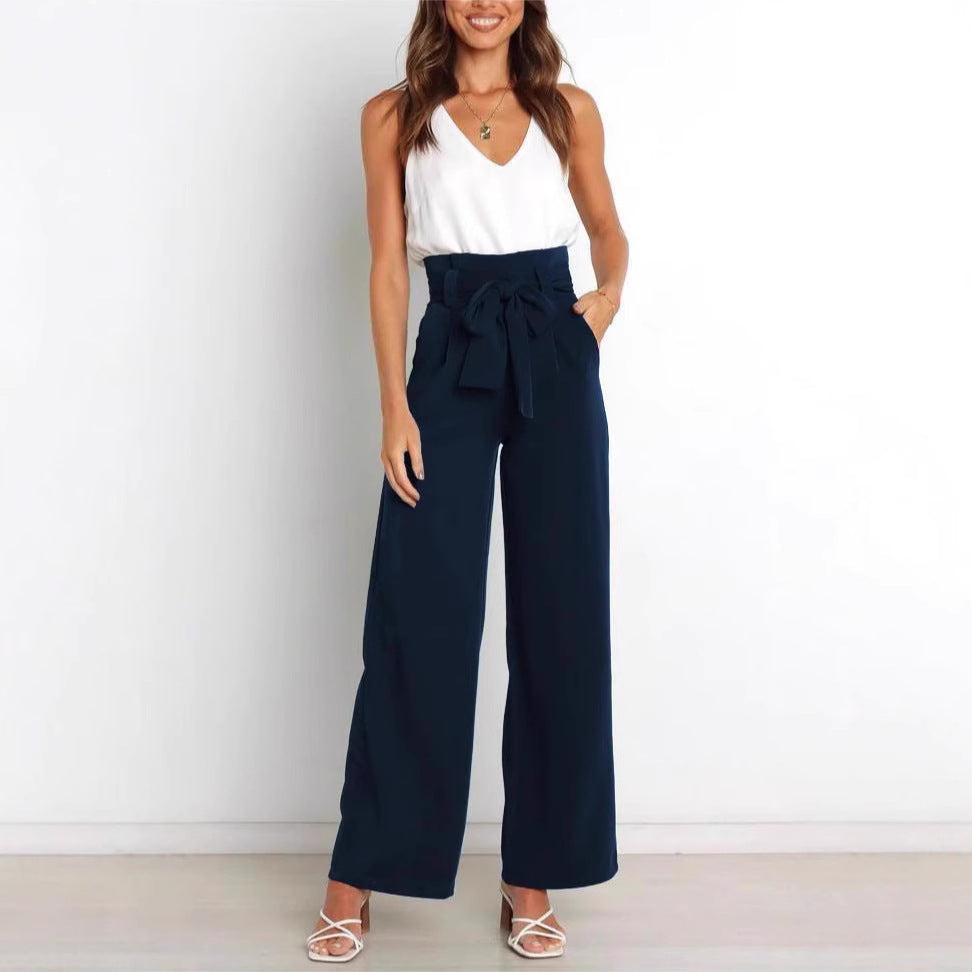 Wide-leg high-waisted lace-up dress pants