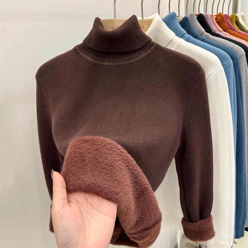 High Collar Fleece Lined Long Sleeve Knitted Sweater