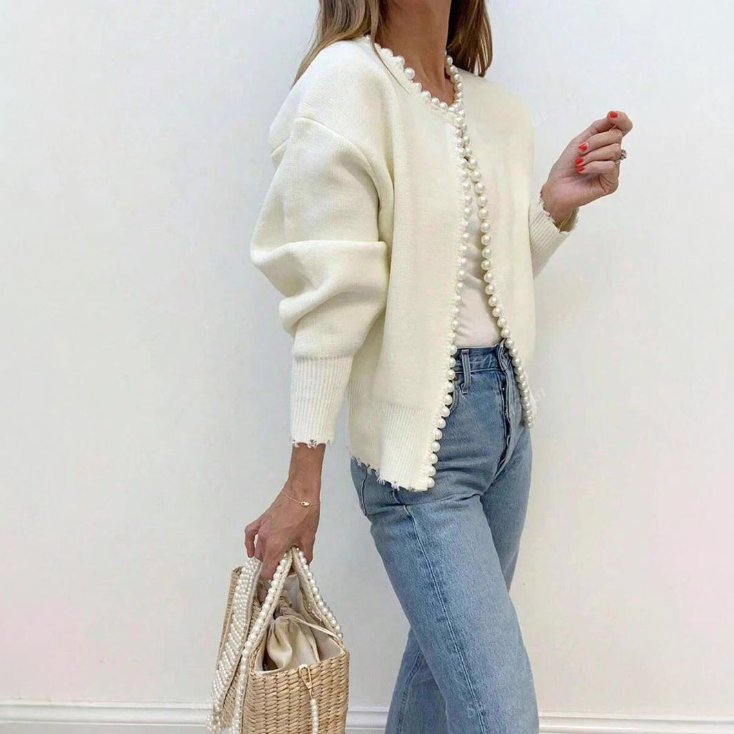 Round Neck Pearl Trim Cardigan Knit Sweater