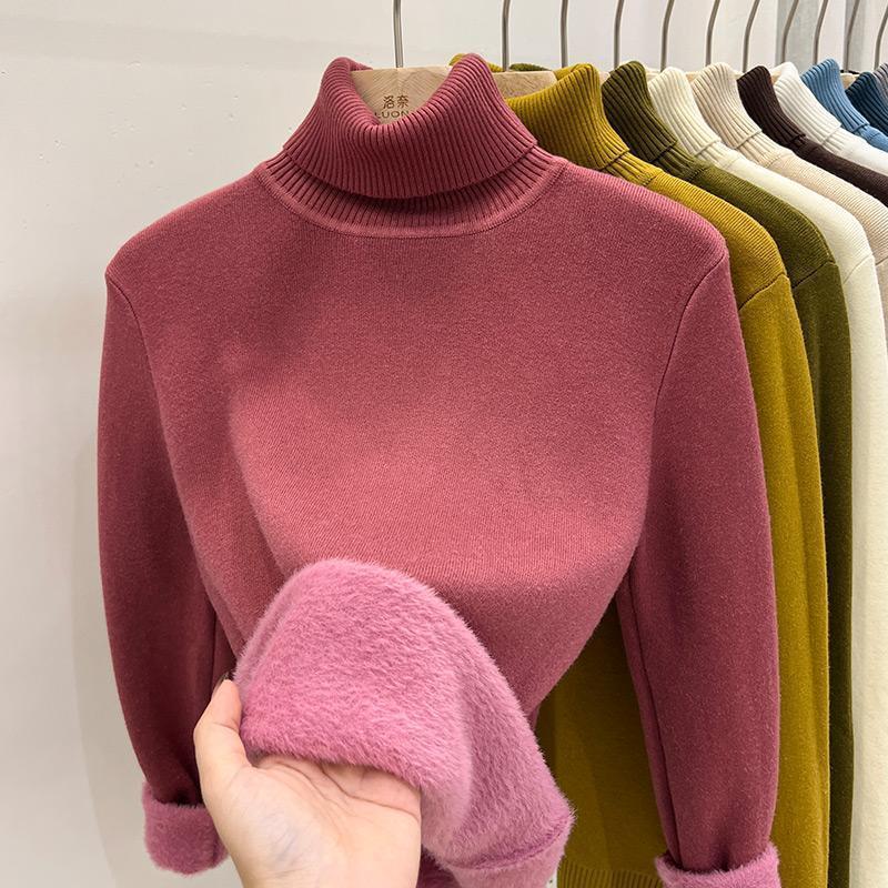 High Collar Fleece Lined Long Sleeve Knitted Sweater