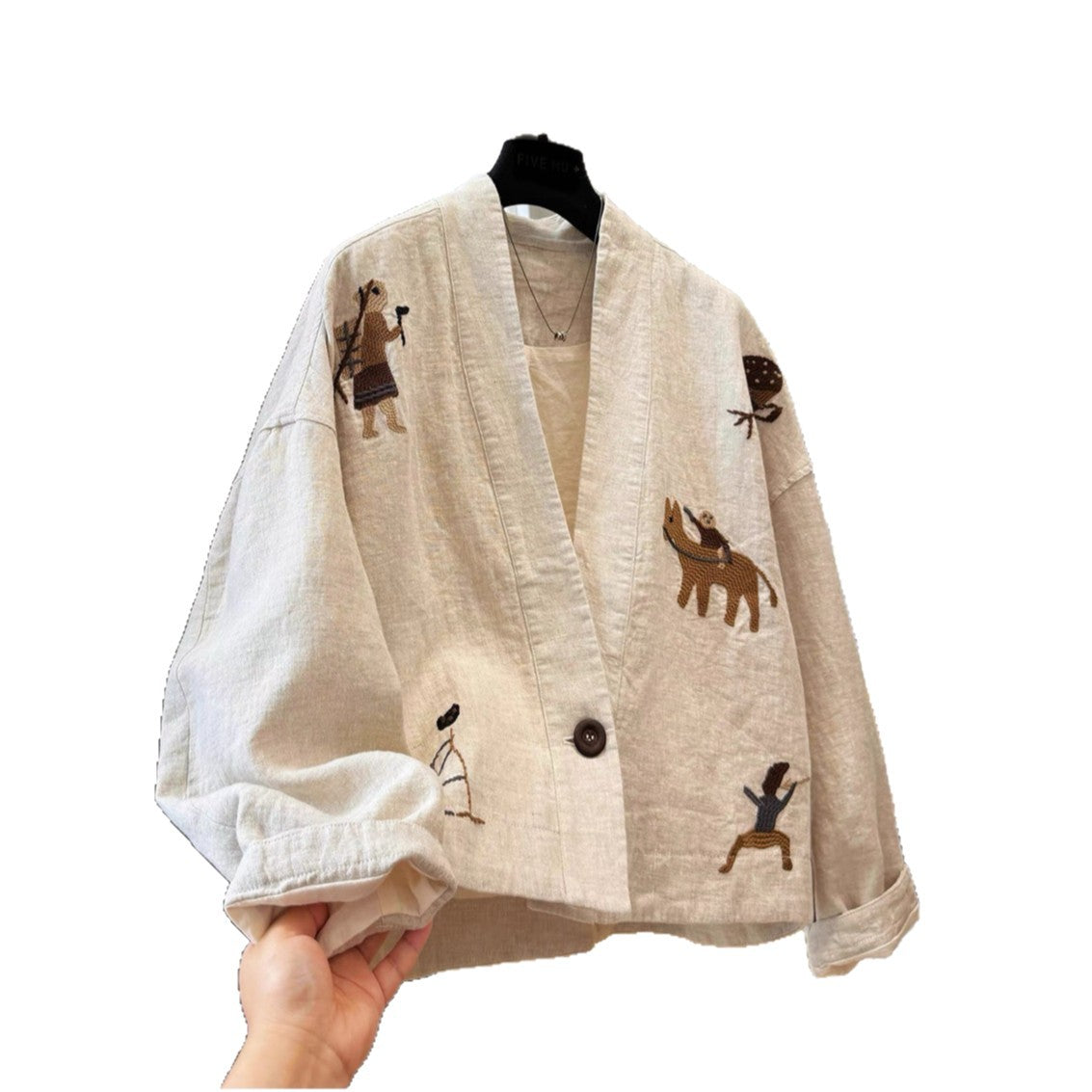 Embroidered V-Neck Cotton Jacket