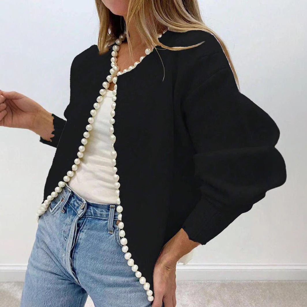 Round Neck Pearl Trim Cardigan Knit Sweater